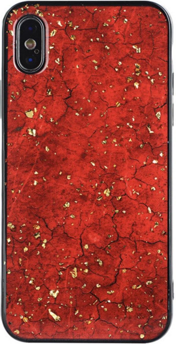 Luxe Marmer Backcover voor Apple iPhone X - iPhone XS Hoesje - Rood - Blad Goud - Hoogwaardig Soft TPU - Hard Back - Bling Bling - Glitter