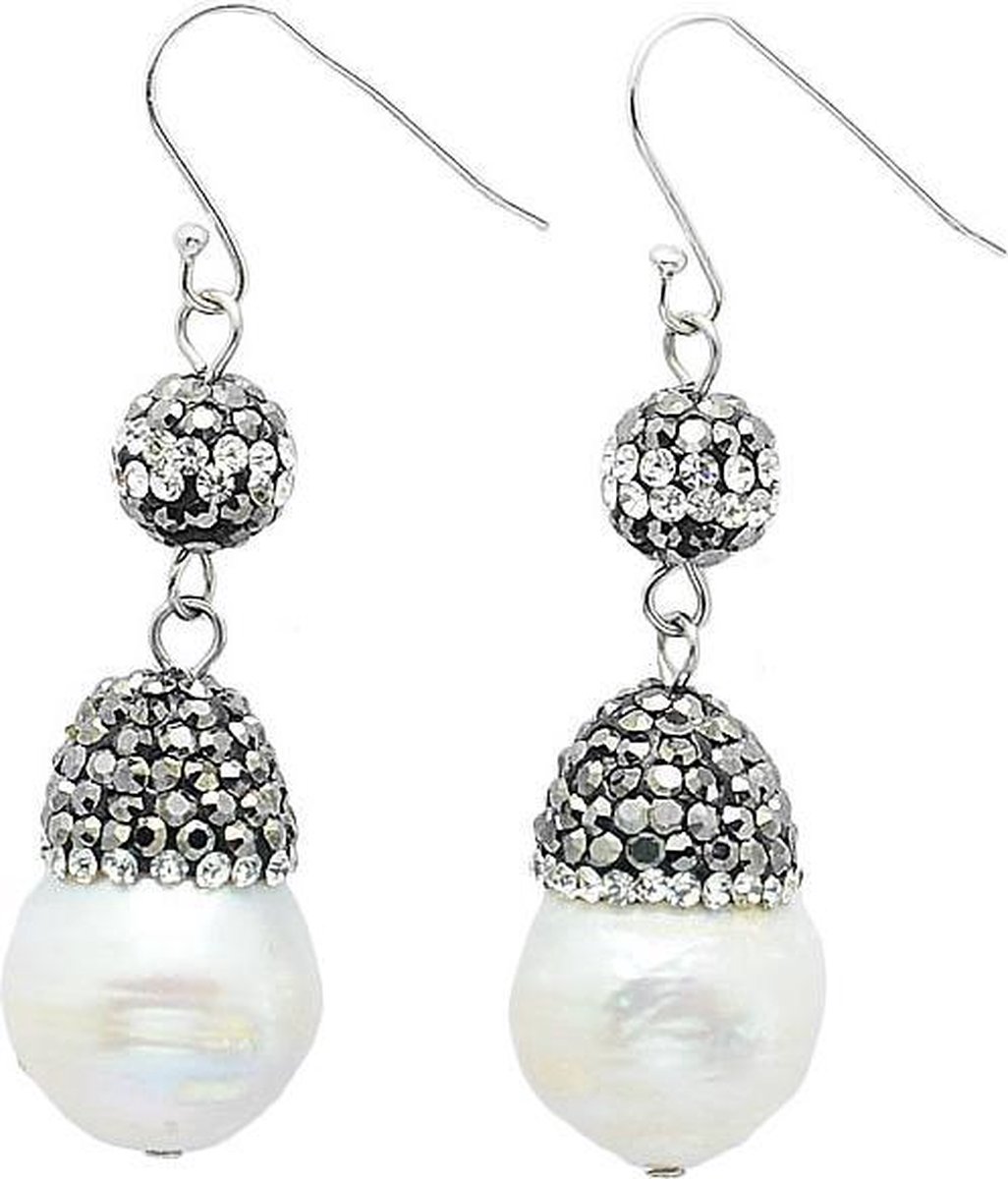 Zoetwater parel oorbellen Bright Pearl Dangling Nut - oorhangers - echte parels - sterling zilver (925)- wit - zwart - stras steentjes