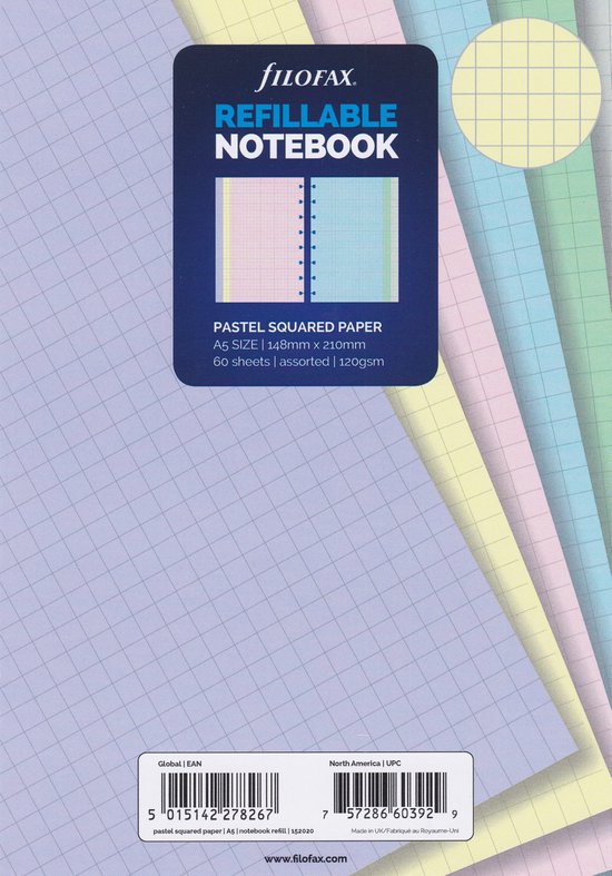 Filofax A5 Notebook  Navulling Pastel Kleuren Ruitjes 120 g/m² Papier