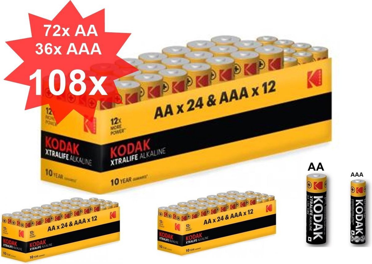 Kodak Xtralife alkaline AA AAA 1.5V Powerbox 108 Stuks (72x AA + 36x AAA)