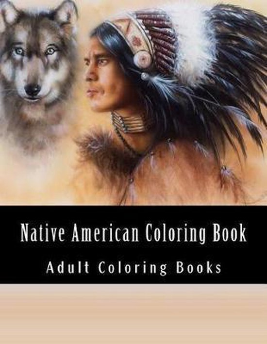 Kleurboek voor volwassenen met een indianenhoofddeksel en een wolf.