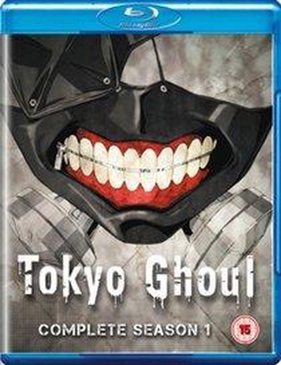 Tokyo Ghoul Complete Seizoen 1 Blu-ray hoes. Close-up van een zwart masker met een rits over de mond, grote tanden en brace.