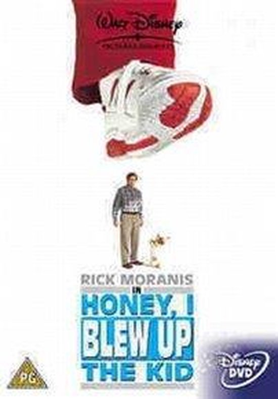 Cover van de Disney DVD 'Honey, I Blew Up The Kid'. Rick Moranis en een hond staan onder een gigantische rode schoen.