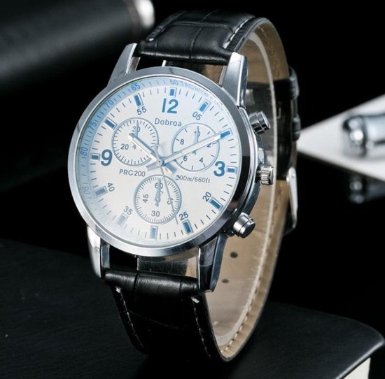 bol.com | Dobroa Luxe Heren horloge met leren zwart polsband (witte  wijzerplaat)