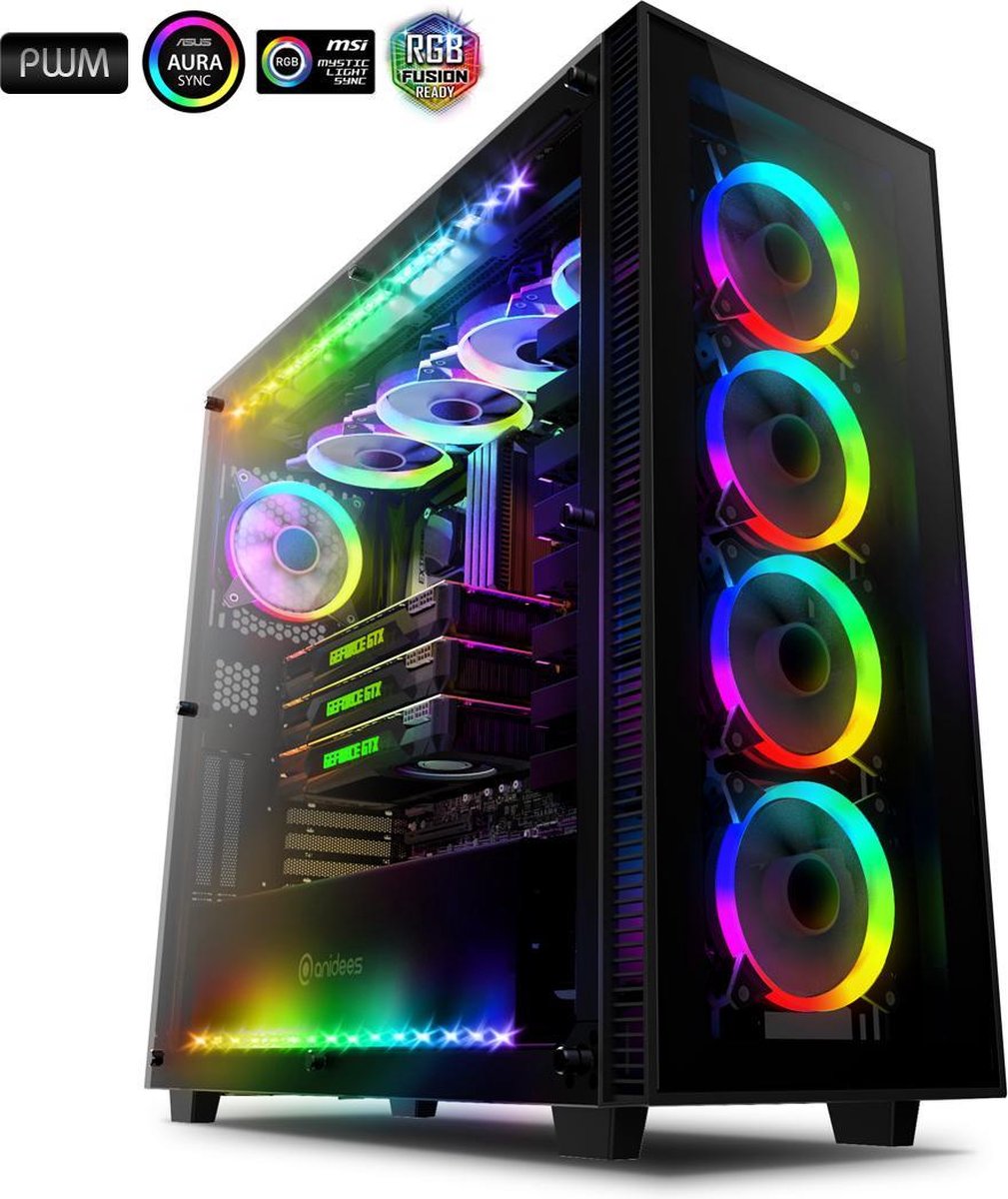 anidees AI Crystal XL RGB Gehard Glas / Staal PC-behuizing met 5 RGB LED-ventilatoren en LED-strips - Zwart RGB