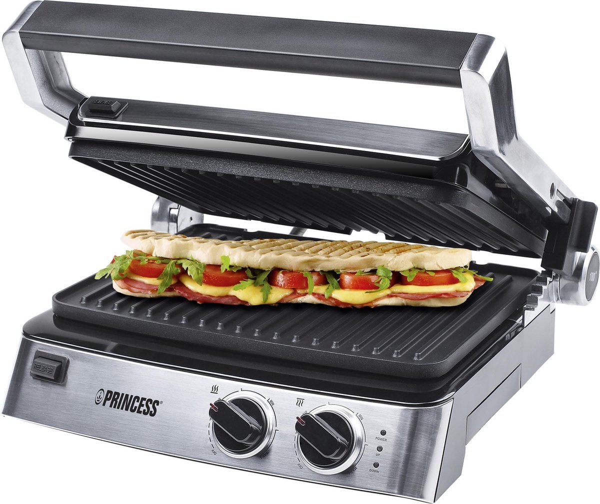 Princess Contactgrill 117300 – Apart instelbare thermostaten – Tosti apparaat - Panini grill - Grill apparaat - Uitneembare platen - Groot bakoppervlak - Princess