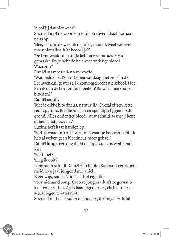 Tekst uit het boek, met beschrijvingen van een bloedneus en dialogen.