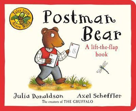 Livre 'Postman Bear' avec une illustration d'un ours portant un gilet et un pantalon gris, tenant des lettres.