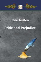 La couverture du livre 'Pride and Prejudice' de Jane Austen, avec un encrier et une plume sur fond de pierre.