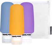 TRVLMORE Silicone Reisflesjes Navulbaar Handbagage 100 ML 3 Stuks Oranje/Paars/Blauw