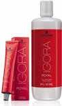 Schwarzkopf Professional IGORA ROYAL tube permanente haarkleur creme en flesje developer, rode verpakking met verticale IGORA ROYAL tekst.