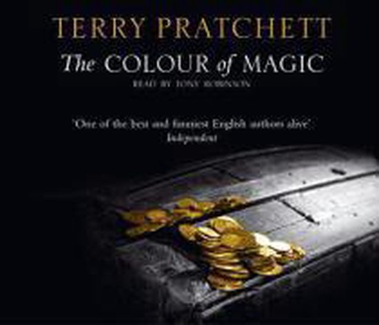 Boekcover van "The Colour of Magic" door Terry Pratchett, met goudstukken op een houten kist.