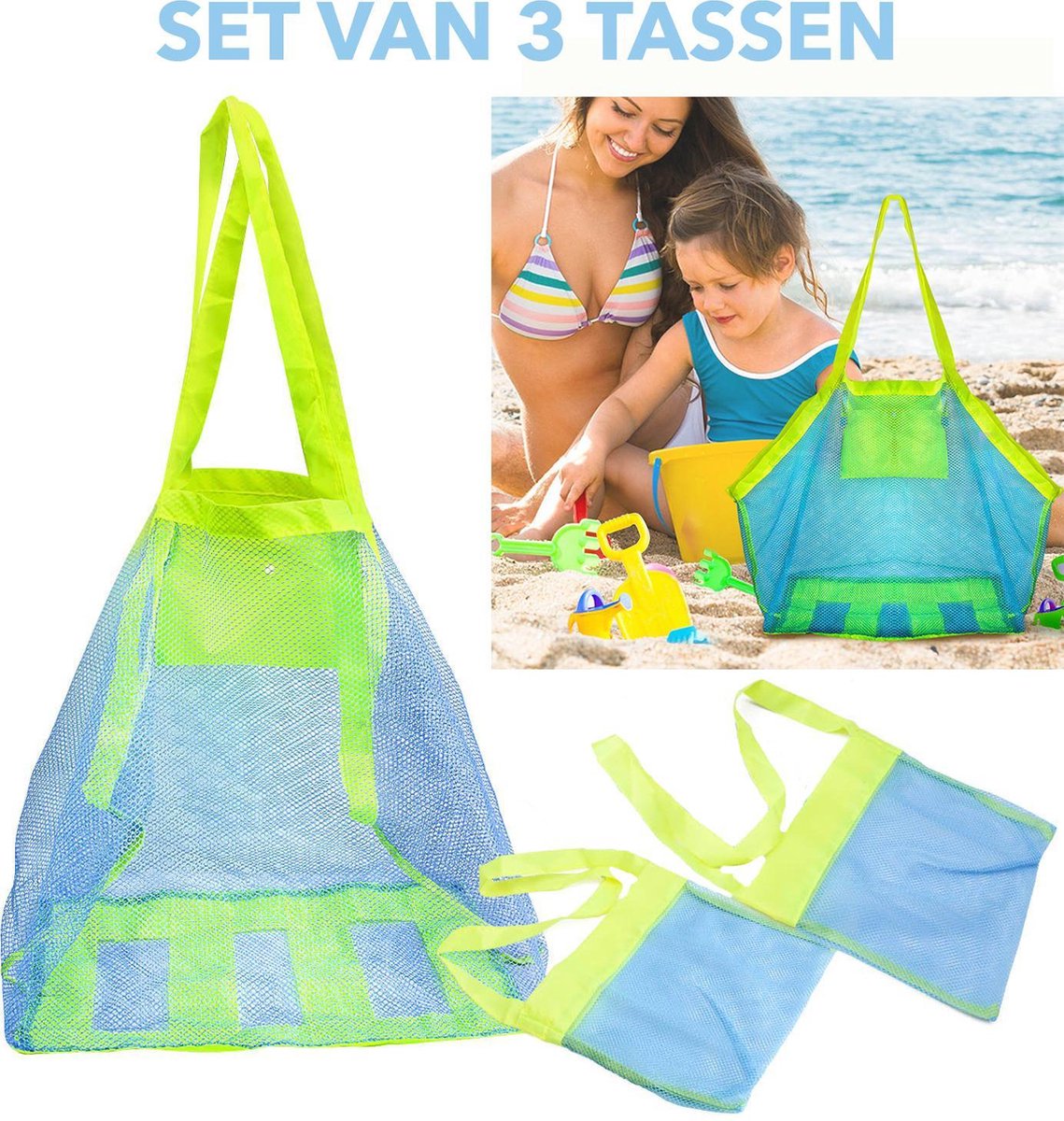 Een set van 3 strandtassen om uw spullen georganiseerd te houden, en uw kinderen blij.