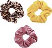Scrunchie 3 stuks Velvet Extra Vol en Luxe - haarelastiek haarwokkel scrunchies - geel - roze - panterprint bruintinten - Kraagjeskopen.nl