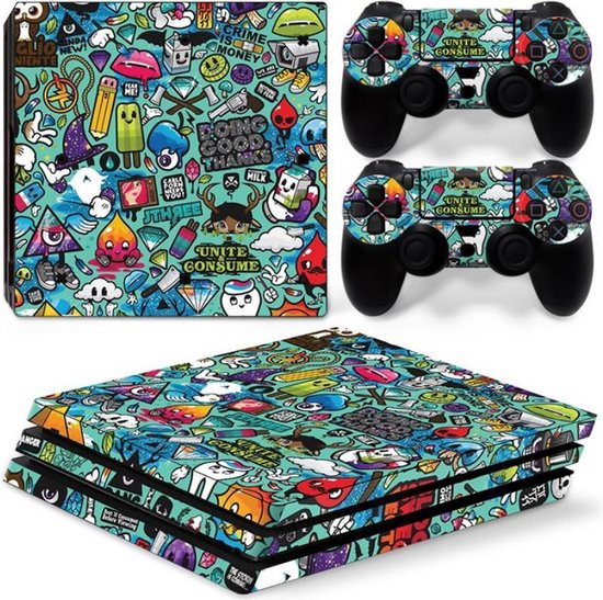 PS4 Pro Sticker Blue Cartoon - 1 Console Skin + 2 Controller Skins