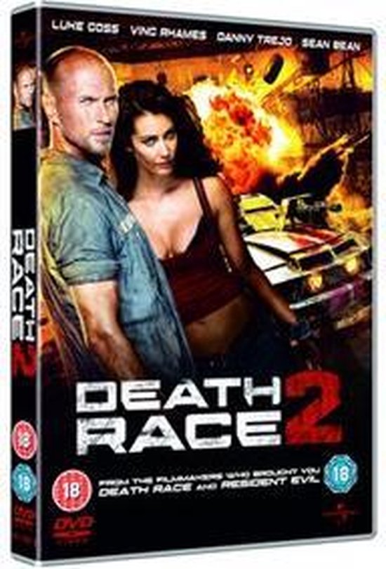 Death Race 2 DVD-cover met Luke Goss en een vrouw, met explosie op de achtergrond.