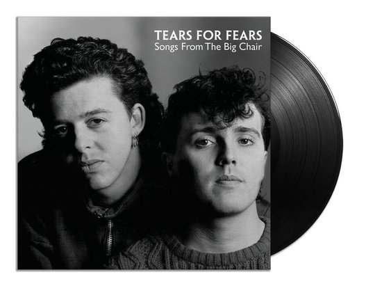 Tears For Fears "Songs From The Big Chair" albumhoes met zwart-wit portret van twee mannen, naast een vinylplaat.