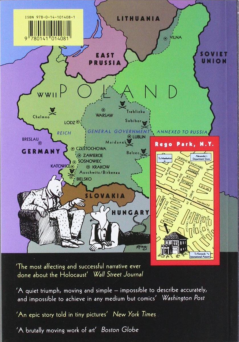 Achterkant van het boek 'Complete Maus' met een kaart van Polen en omliggende landen tijdens WOII. Twee muizenfiguren in kleding zijn getekend, met een kaart van New York.