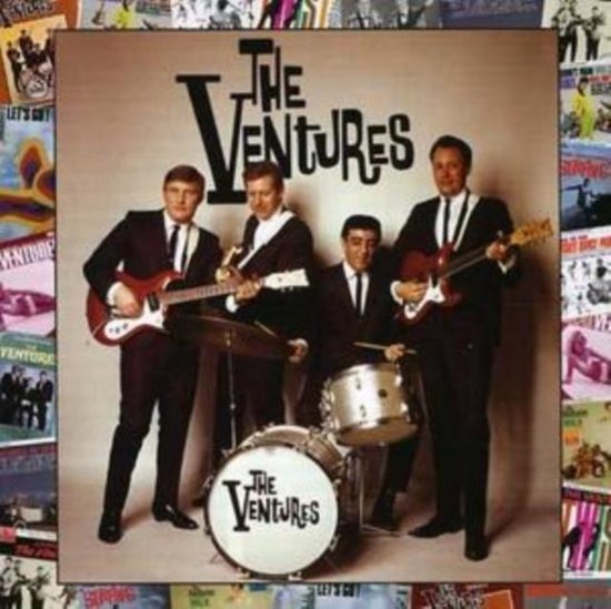 Albumhoes van The Ventures met de bandleden in pak, omringd door andere albumhoezen.
