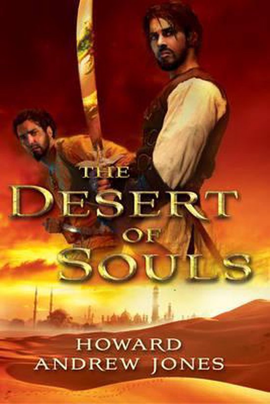 Boekcover 'The Desert of Souls' met twee mannen, een zwaard en een woestijnlandschap.