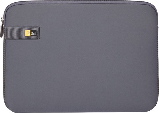 Donkergrijze laptop sleeve van Case Logic met een bandje en ritssluiting.