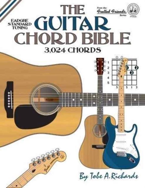 De voorkant van 'The Guitar Chord Bible' met 3.024 akkoorden en afbeeldingen van gitaren en een akkoordenschema.