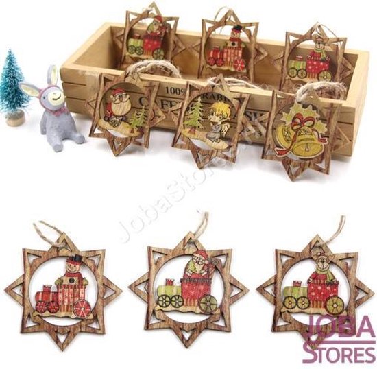Houten Kerst Hangers Ster Assorti (6 stuks)