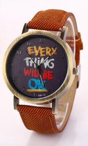 Hidzo Horloge Every Thing Will Be Ok ø 37 mm - Bruin - Kunstleer