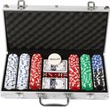 Zilveren koffer met 6 rollen pokeren fiches (blauw, groen, grijs, rood, wit). Inclusief speelkaarten, dobbelstenen en dealer-chip.