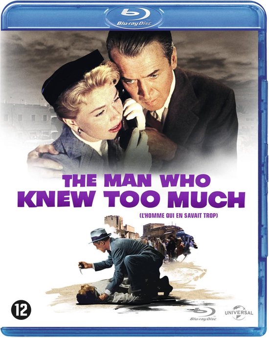 The Man Who Knew Too Much (L'Homme qui en savait trop) Blu-ray hoes met James Stewart en Doris Day op de telefoon, en een man die een ander helpt op de grond.