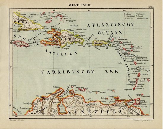 Historische kaart van West Indië (de kleine en grote antillen, dus de