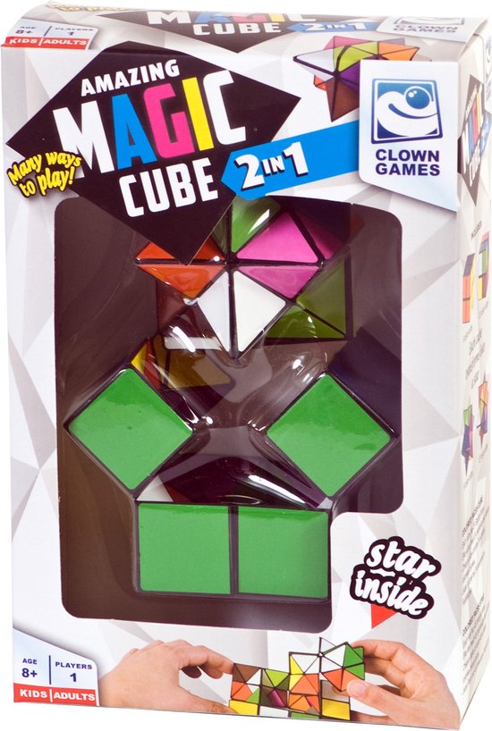 Verpakking van de Clown Magic Cube 2-in-1 met afbeeldingen van de kubus in verschillende vormen en een handleiding.
