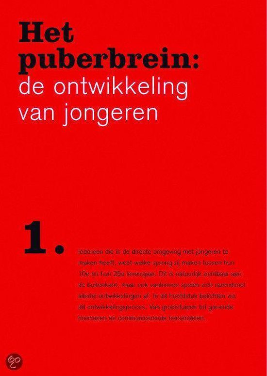 Rode omslag van het boek "Het puberbrein: de ontwikkeling van jongeren" met grote witte letters.