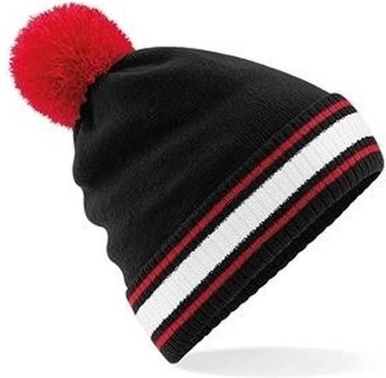 Zwart/rood met witte beanie muts met pompon voor volwassenen