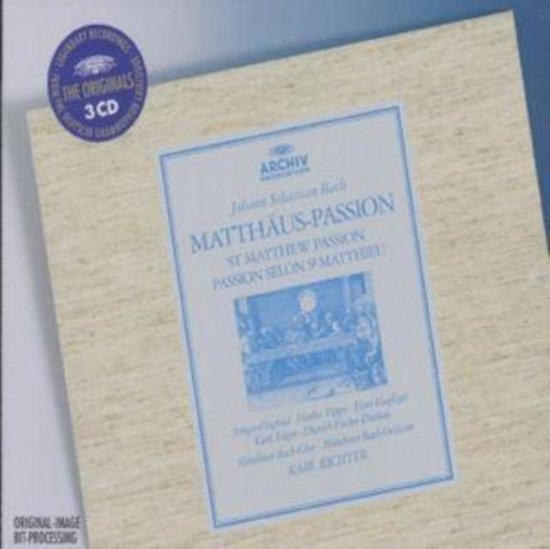 CD-boxset Matthäus-Passion van J.S. Bach met blauw kader, titeltekst en een historisch schilderij.