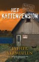 Boek kaft: Een schuur met 'HAPPY CAT' logo en tekst 'HET KATTENPENSION'. Bureau Marit. Esther Vermeulen.