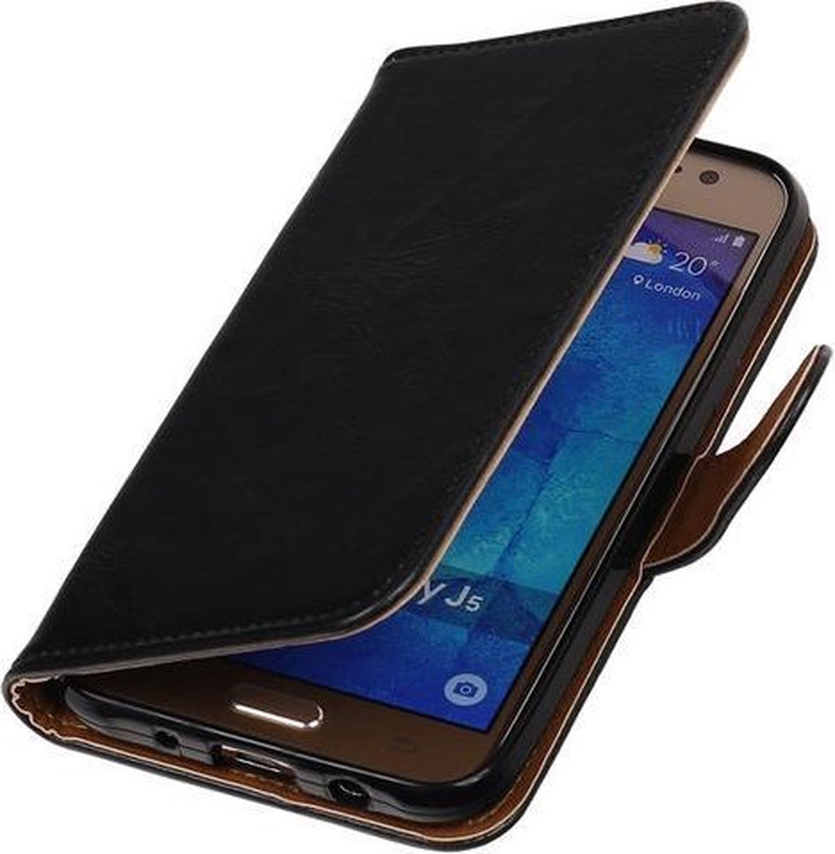 Zwart Pull-Up PU Hoesje Samsung Galaxy J5 Booktype Wallet Cover