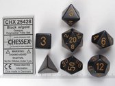 Chessex dobbelstenen set, 7 polydice, Opaque black w/gold