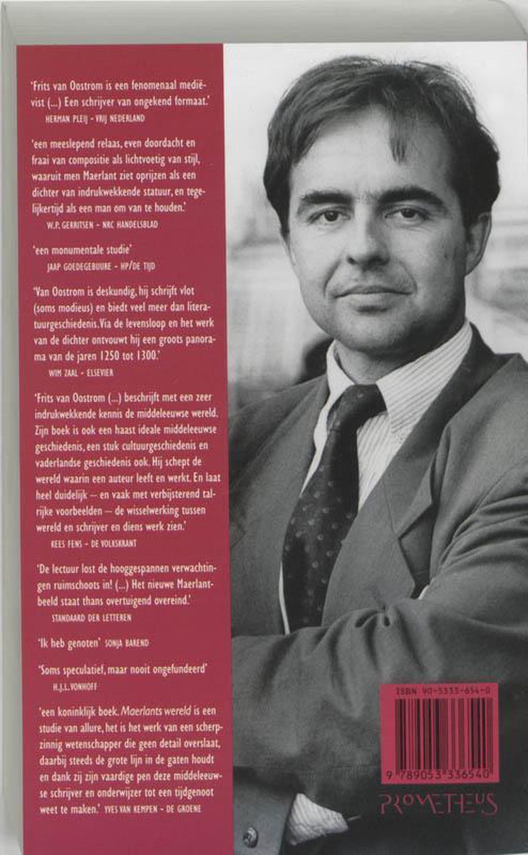Achterkant van een boek met portret van Frits van Oostrom, met tekst.