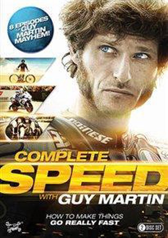 DVD hoes met Guy Martin. Tekst: "8 episodes of Guy Martin Mayhem!", "Complete Speed with Guy Martin", "How to make things go really fast".