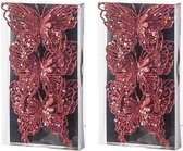6x Kerst decoratie vlinders rood 12 x 11 cm - Kerstboom versiering/decoratie vlinder op clip
