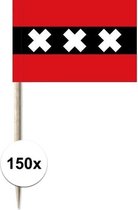 150x Cocktailprikkers Amsterdam 8 cm vlaggetje stad decoratie - Houten spiesjes met papieren Ajax vlaggetje - Wegwerp prikkertjes