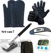 Gohh 2 BBQ Handschoenen (Kevlar-Aramide) en 2 Canvas Ovenwanten, 1 BBQ Borstel met Schraper, 1 Zwarte Inklapbare vleesthermometer en 1 Digitale Kookwekker