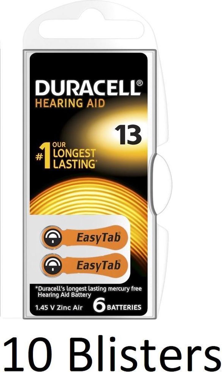 60 stuks (10 blisters a 6 st) Duracell Hearing Aid Zinc-Air DA13 blister 6