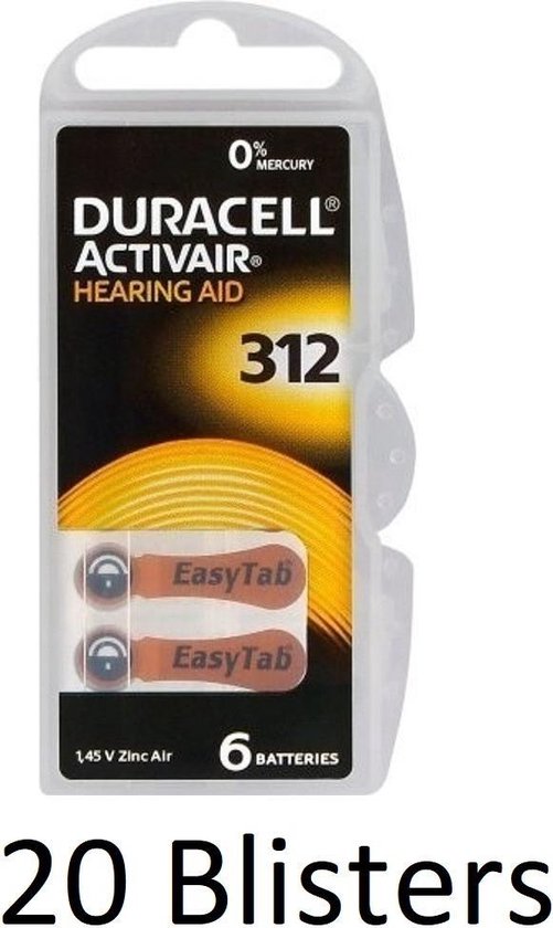 120 stuks (20 blisters a 6 st)Duracell DA312 hoorapparaat batterij | bol.com
