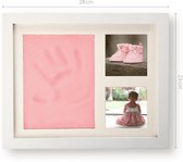 smileBaby - Baby handafdruk en voetafdruk fotolijst - Incl. speciale boetseerklei - Houten standaard met acrylglas - Roze
