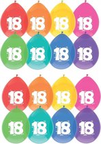 16 stuks Ballonnen multicolor met opdruk 18 jaar