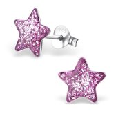 Joy|S - Zilveren glitter paars ster oorbellen 9 mm