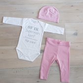 Baby Meisjes Setje 3-delig cadeau geboorte newborn | maat 62-68 | roze mutsje roze broekje en wit   romper lange mouw tekst zilver of ik superman ken je bedoelt gewoon mijn papa |