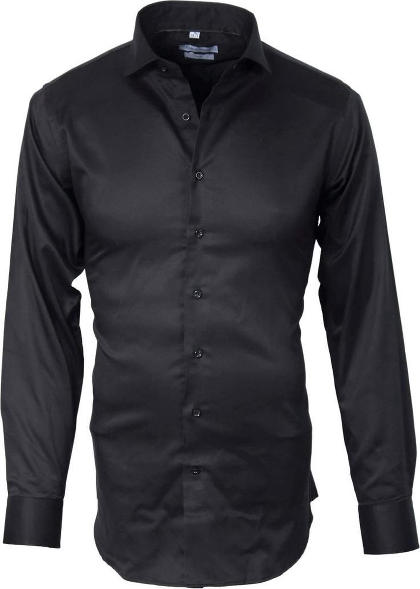 Kaki hemd Zwart plain Supima Twill-43